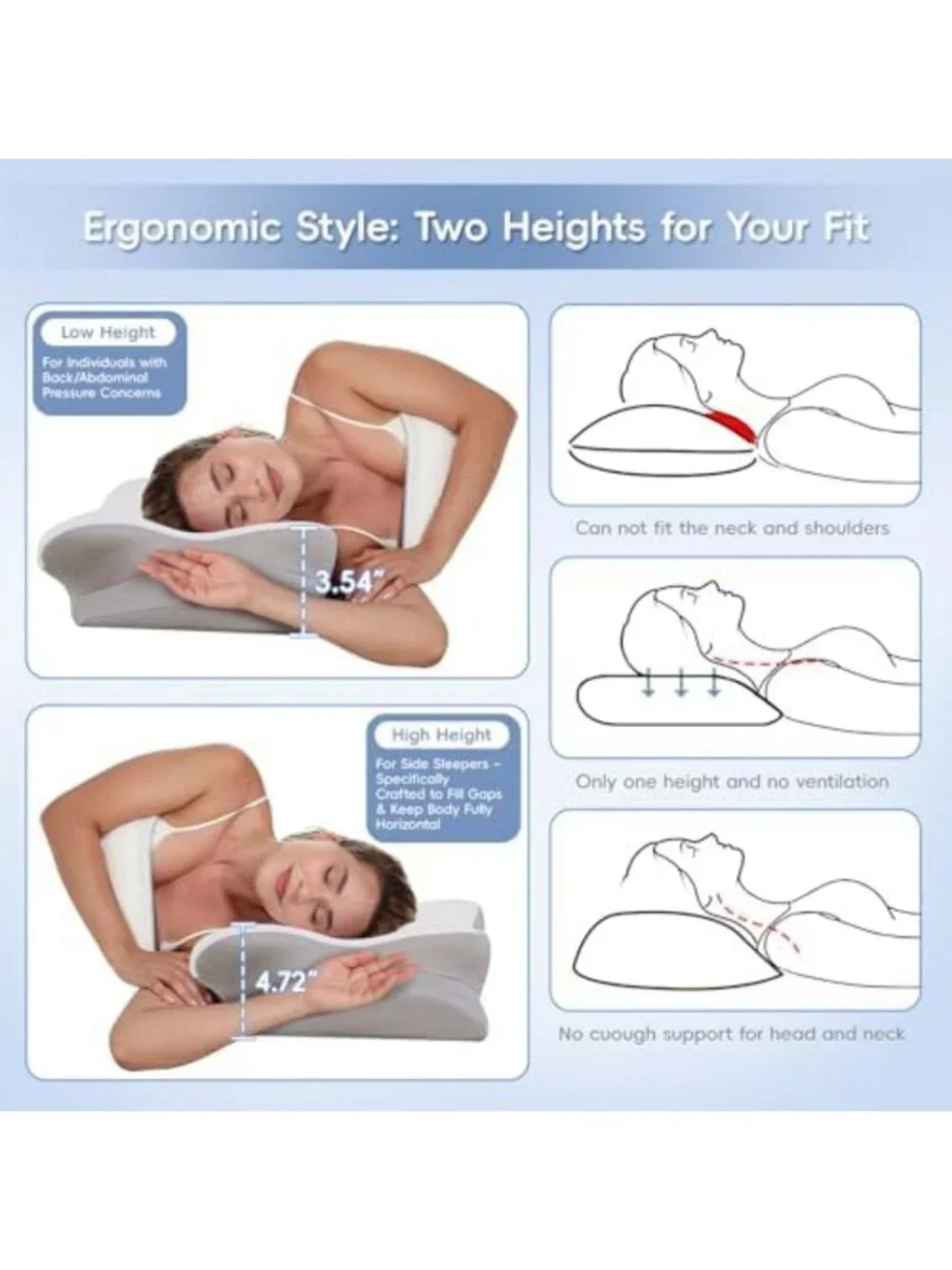 Ergonomic Memory Foam Neck Pillow for Pain Relief, 2 Heights, Ice Silk Cover
